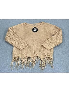 Cozy Casual Beige Fringe Hem Knit Sweater M/L